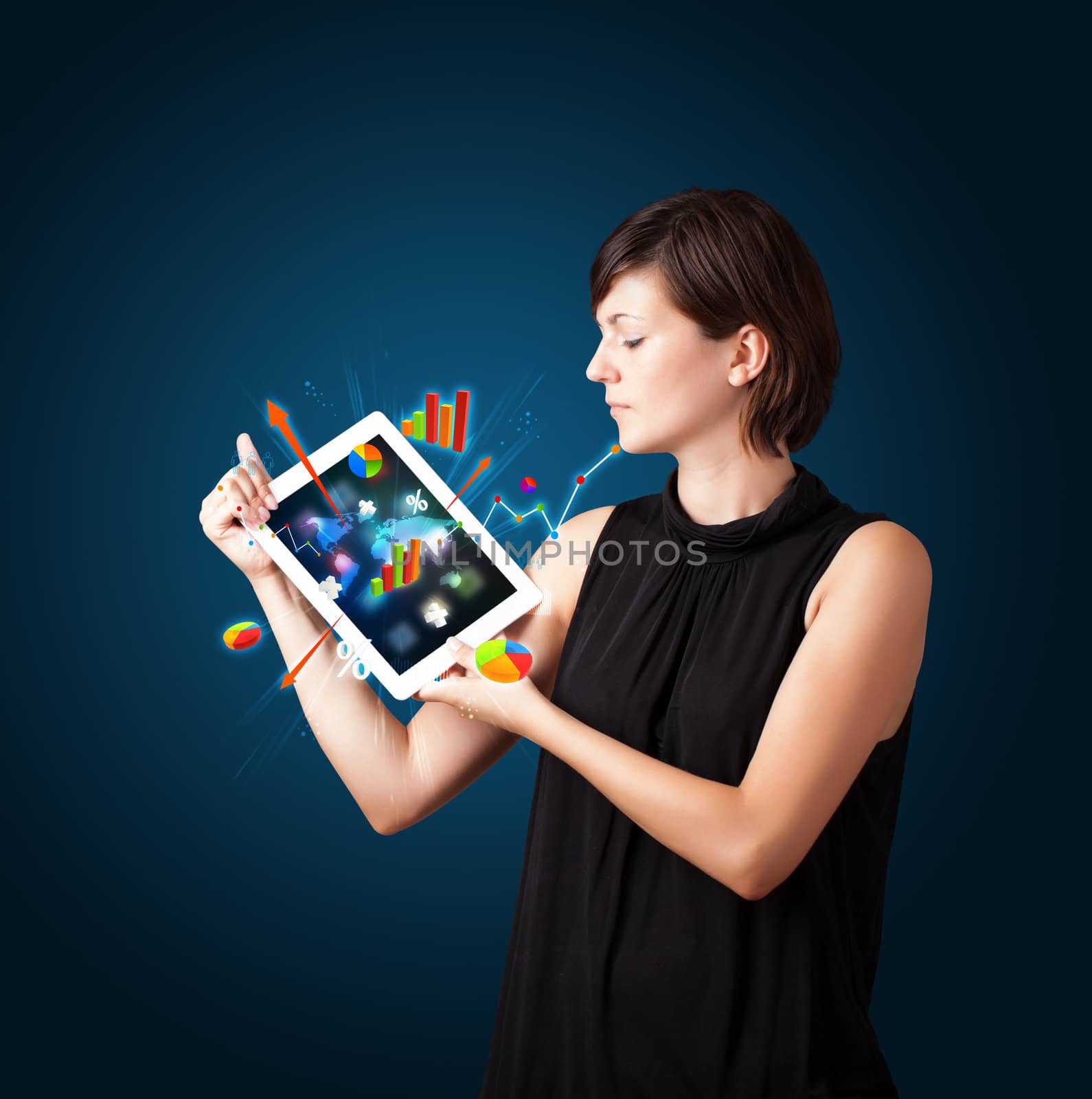 beutiful woman holding modern tablet with colorful diagrams and graphs