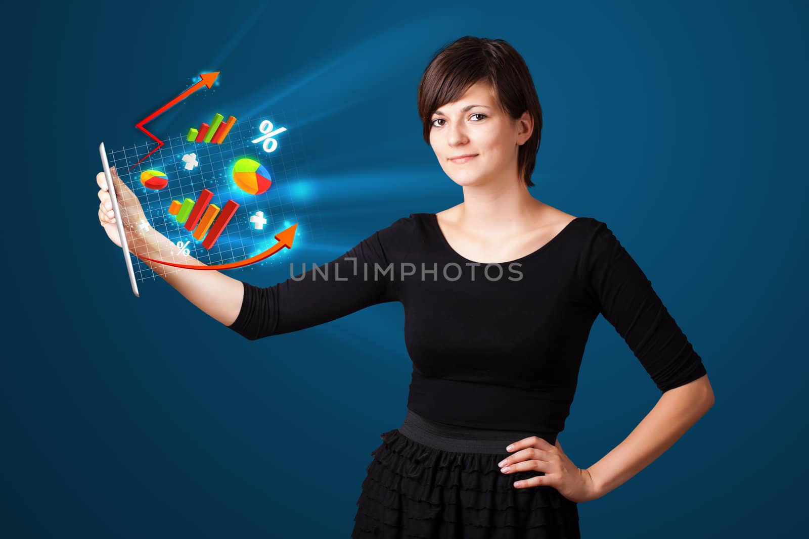 Young business woman looking at modern tablet with abstract lights and various diagrams