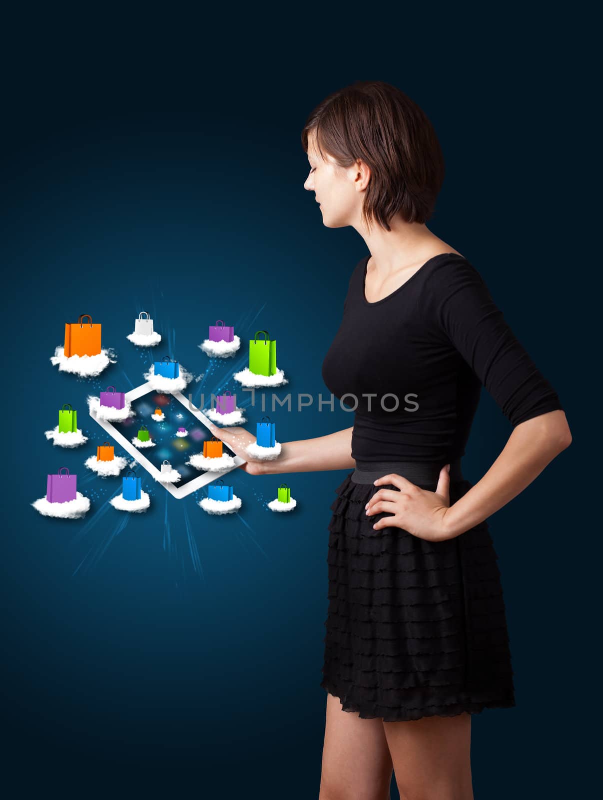 woman holding modern tablet with colorful shopping bags on cloud by ra2studio