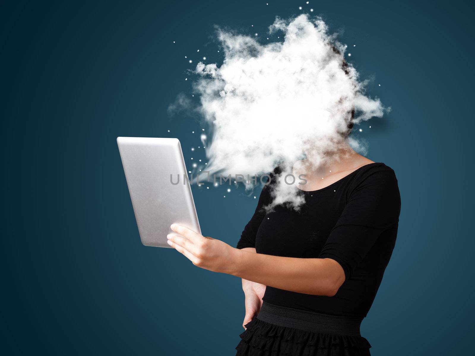 Young business woman looking at modern tablet with abstract cloud