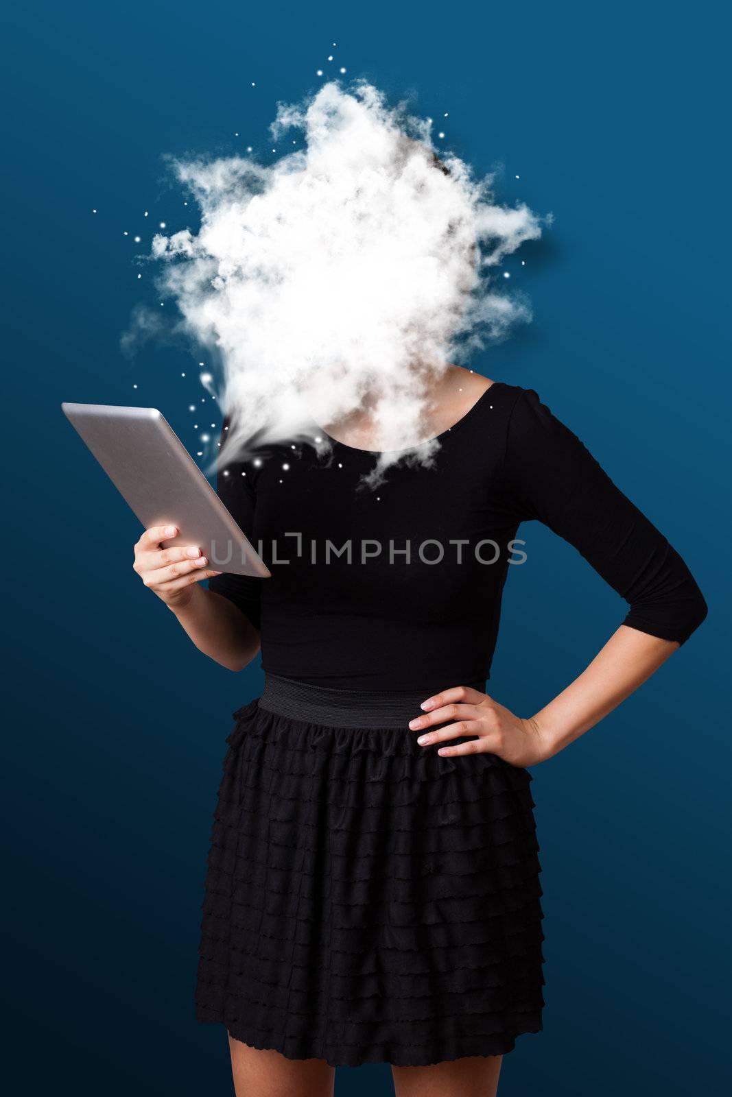 Young woman looking at modern tablet with abstract cloud by ra2studio