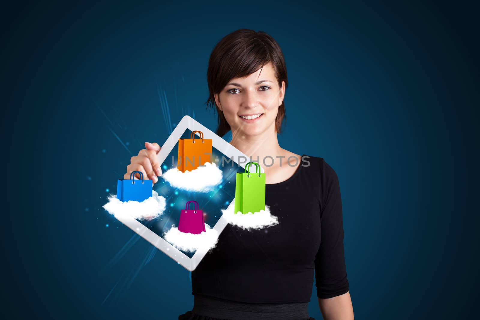 woman holding modern tablet with colorful shopping bags on cloud by ra2studio