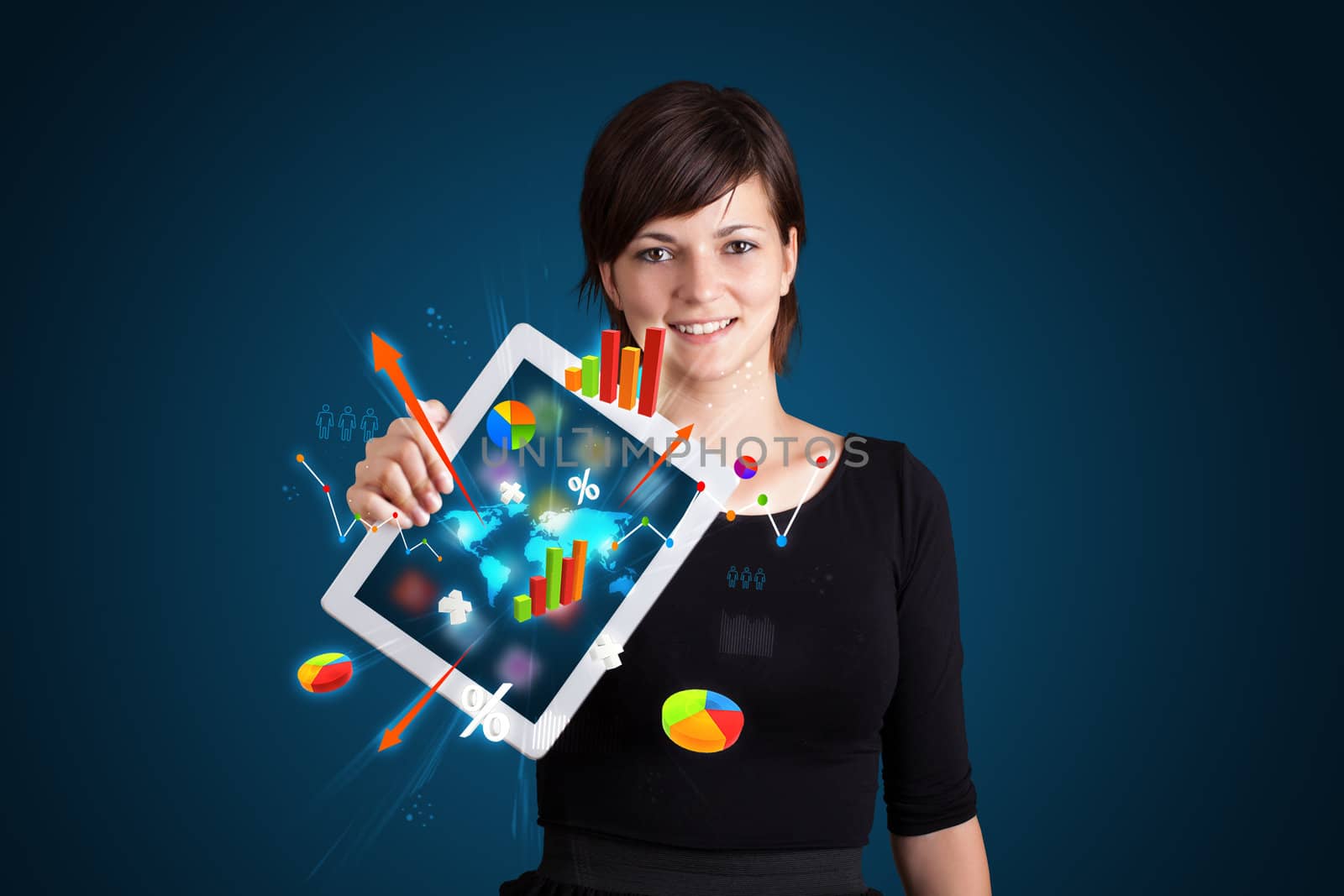 beutiful woman holding modern tablet with colorful diagrams and graphs