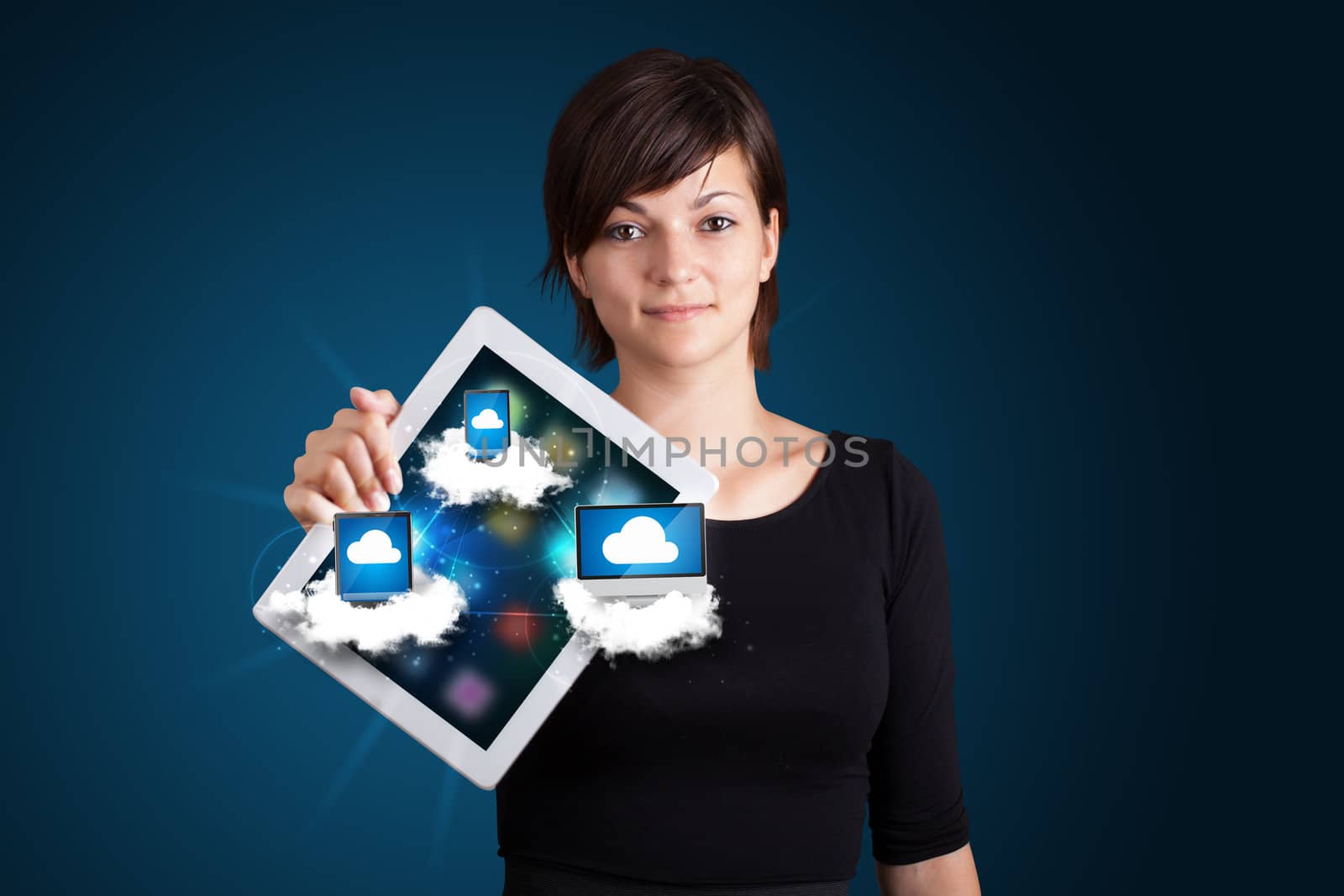 young woman holding tablet with modern devices in clouds by ra2studio