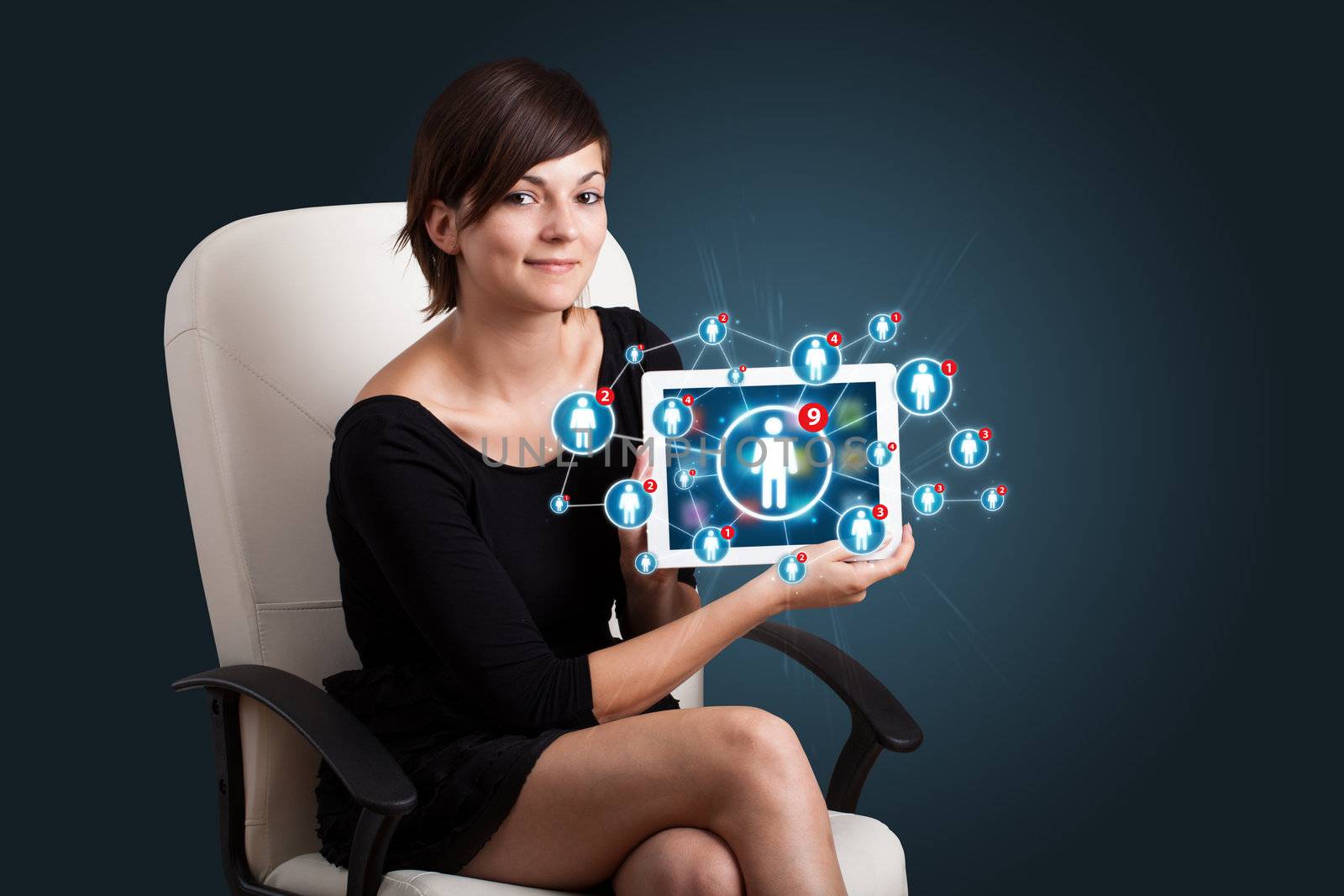 young woman holding tablet with social network icons by ra2studio
