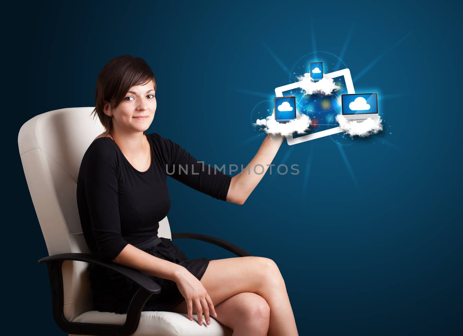 young woman holding tablet with modern devices in clouds by ra2studio