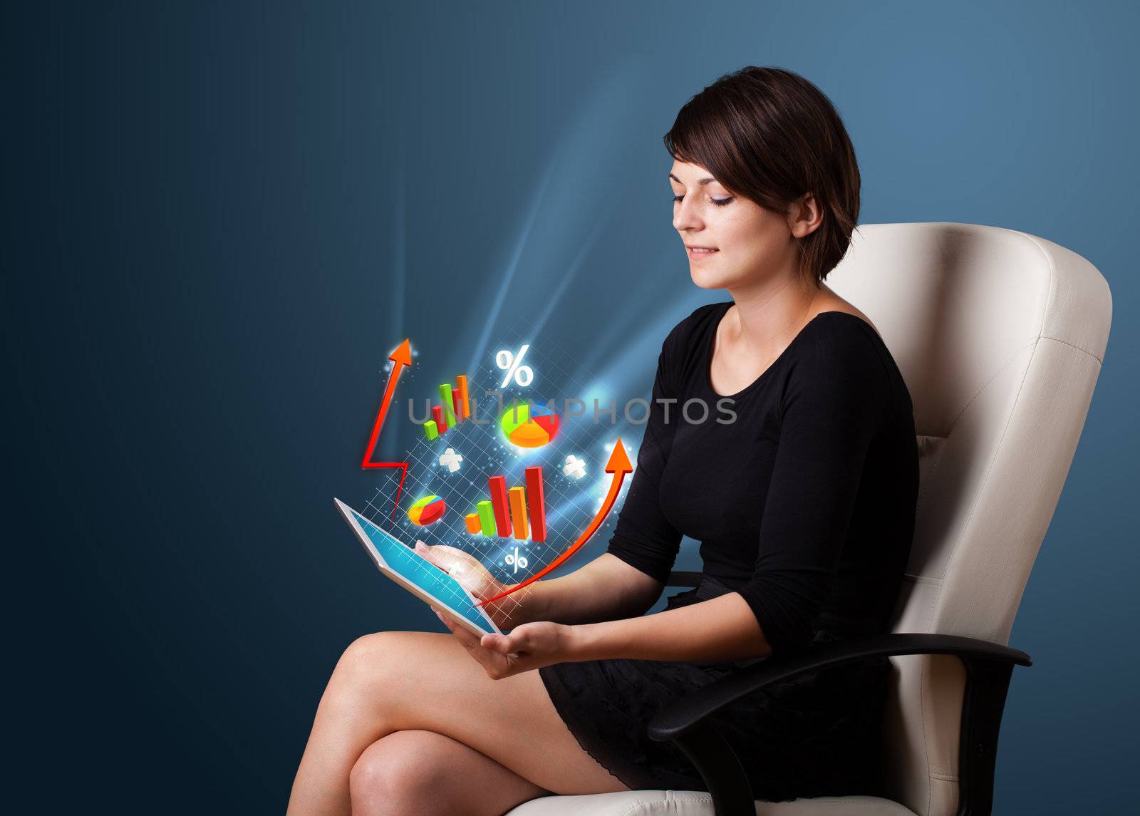 Young woman looking at modern tablet with abstract lights and va by ra2studio