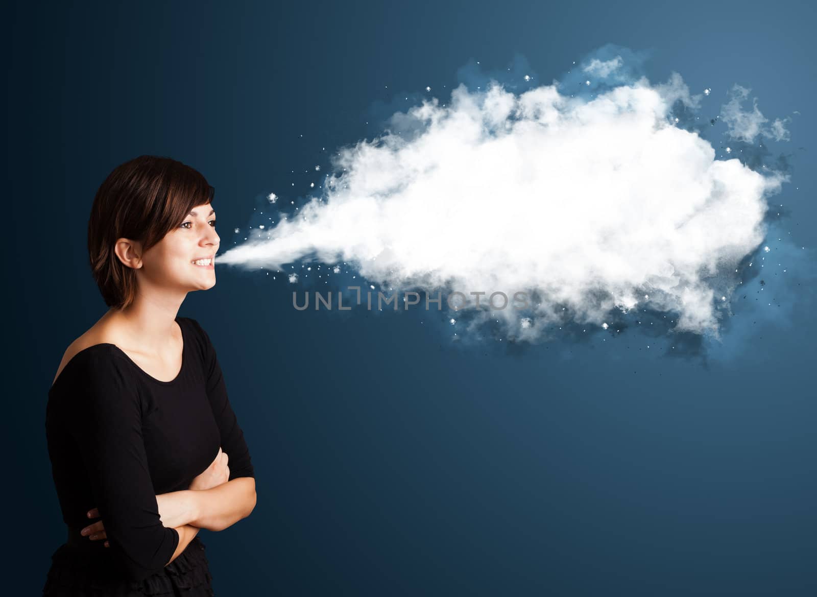 Young woman with abstract cloud by ra2studio