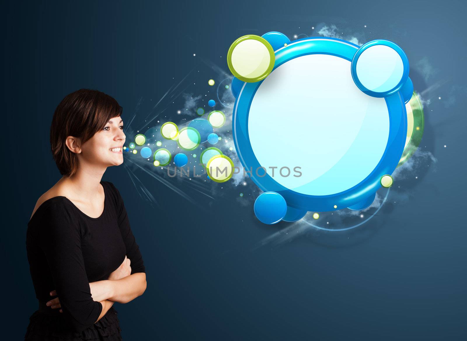 Young business woman with abstract modern speech bubble