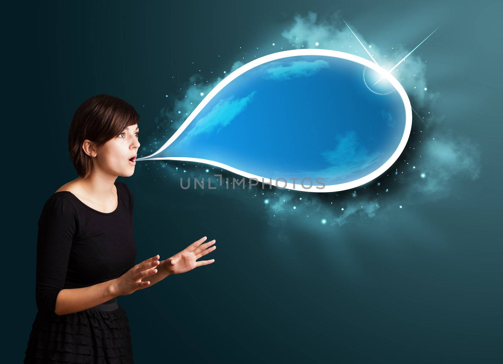 Young business woman with modern speech bubble