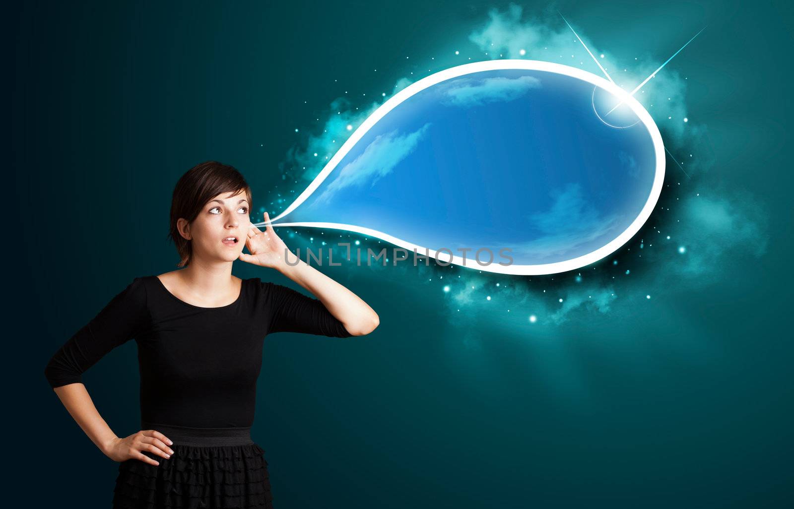 Young business woman with modern speech bubble