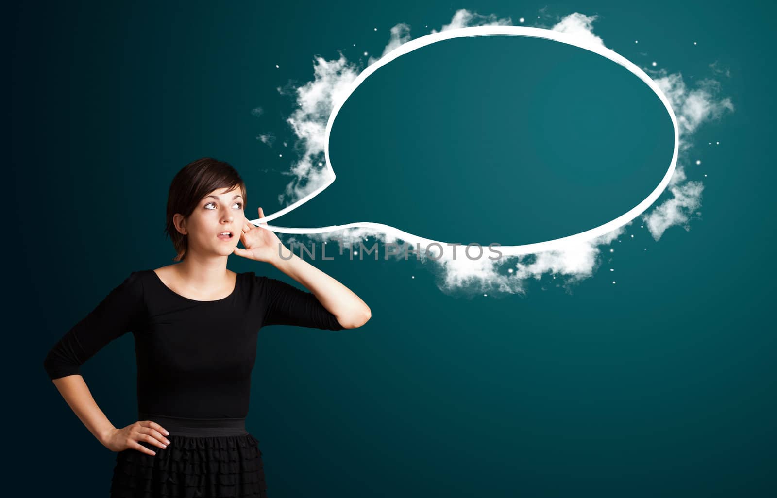 Young business woman with abstract modern speech bubble