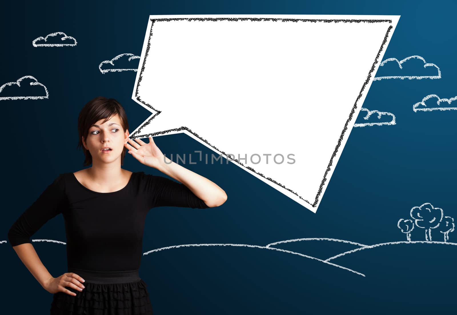 Young business woman with abstract modern speech bubble