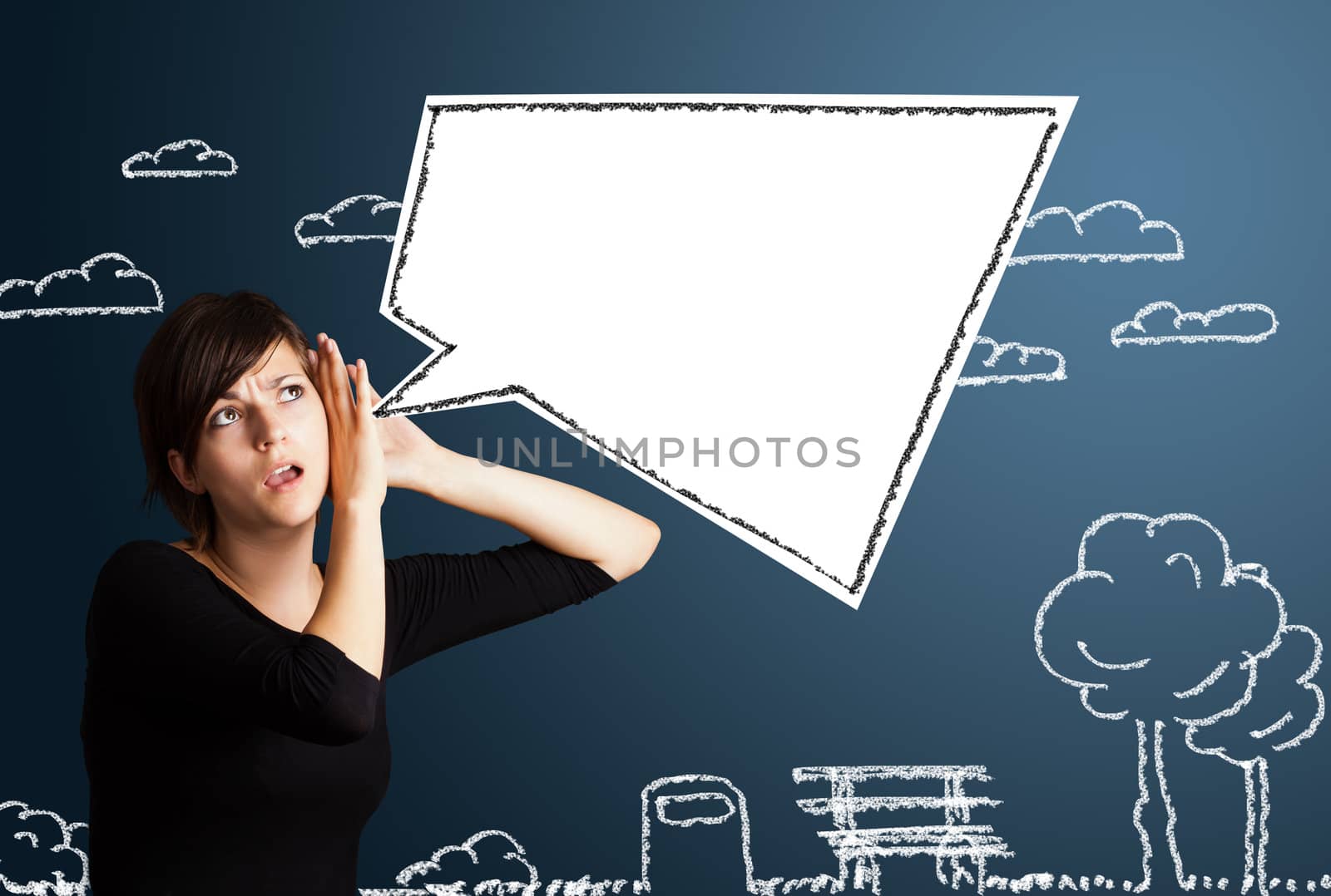 Young woman with abstract modern speech bubble by ra2studio