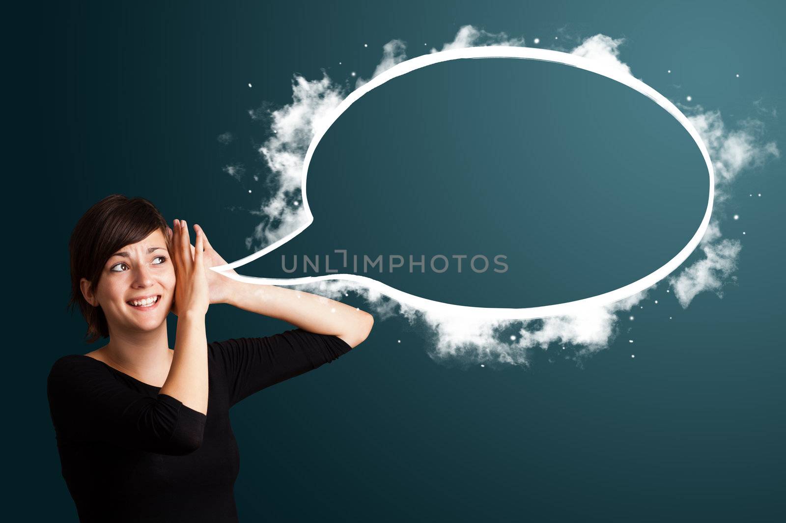 Young business woman with abstract modern speech bubble