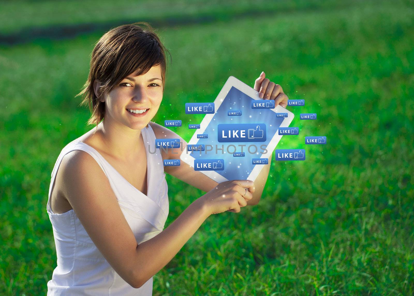 Young business woman looking at modern tablet with abstract lights and social icons