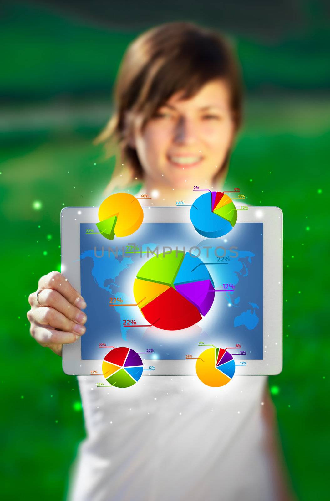 Young business woman looking at modern tablet with abstract light and various diagrams