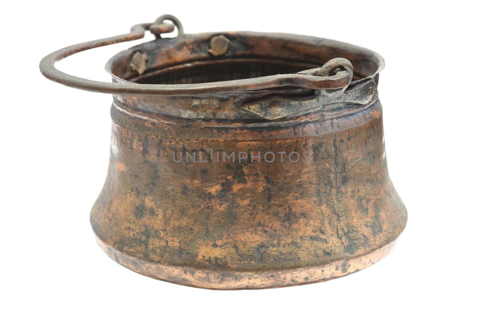 very old copper cauldron isolated over white background