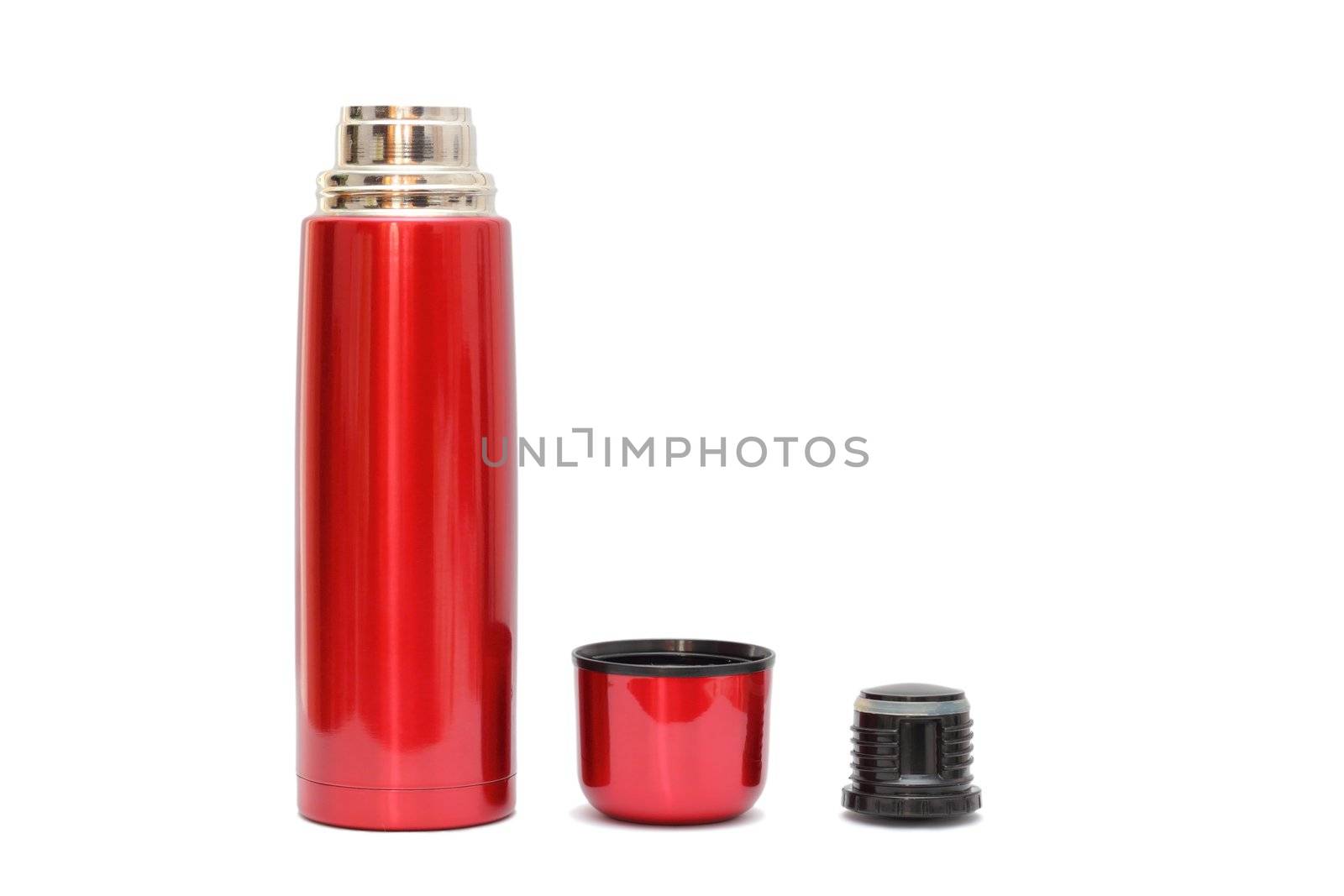 open red thermo bottle with shadows over white background