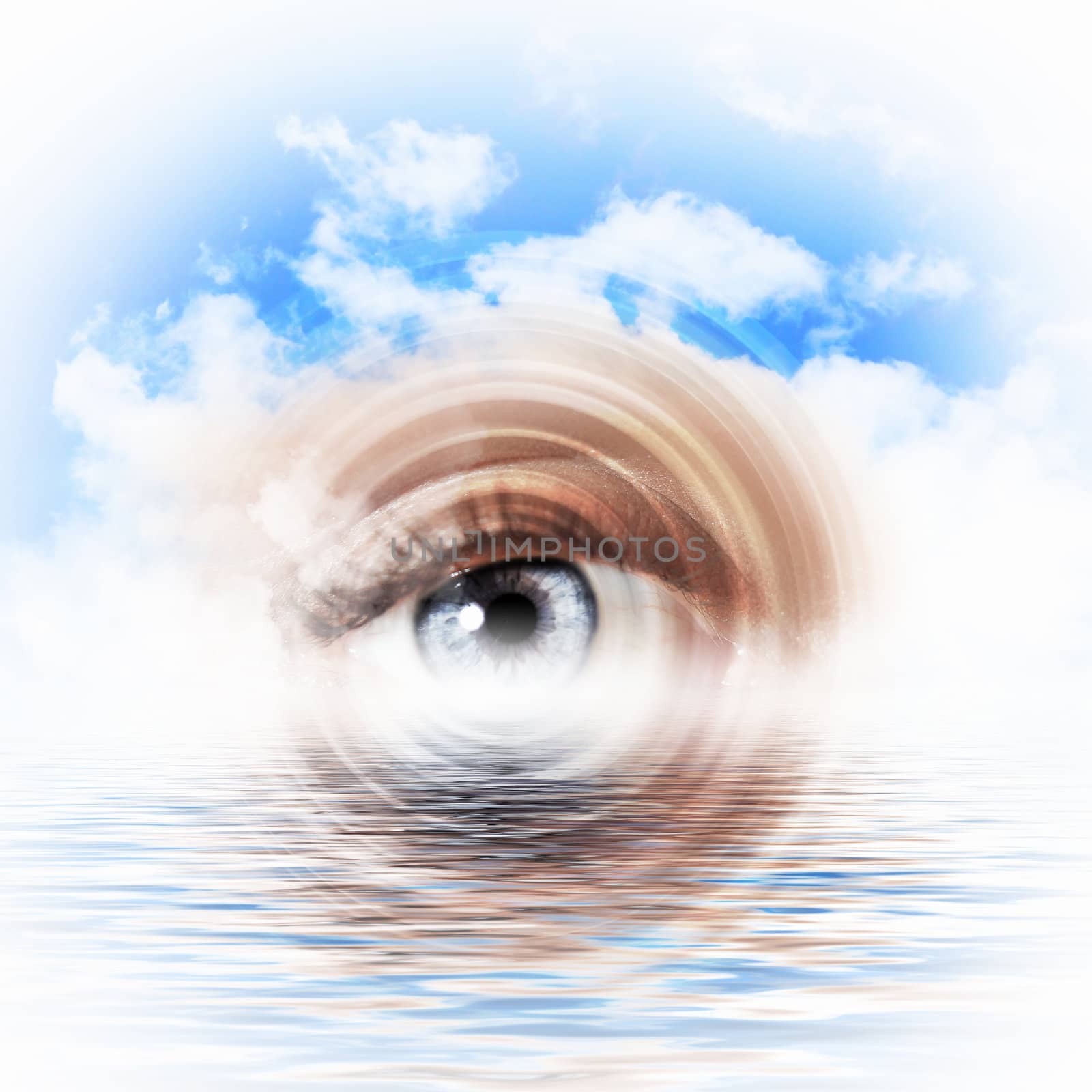 Conceptual illustration of eye overlooking water scenic