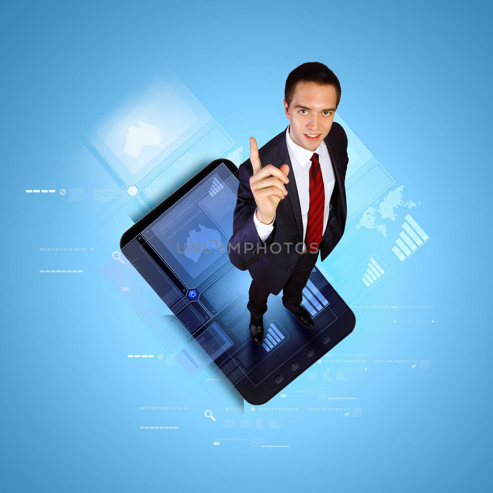 Modern technology illustration with computers and business person