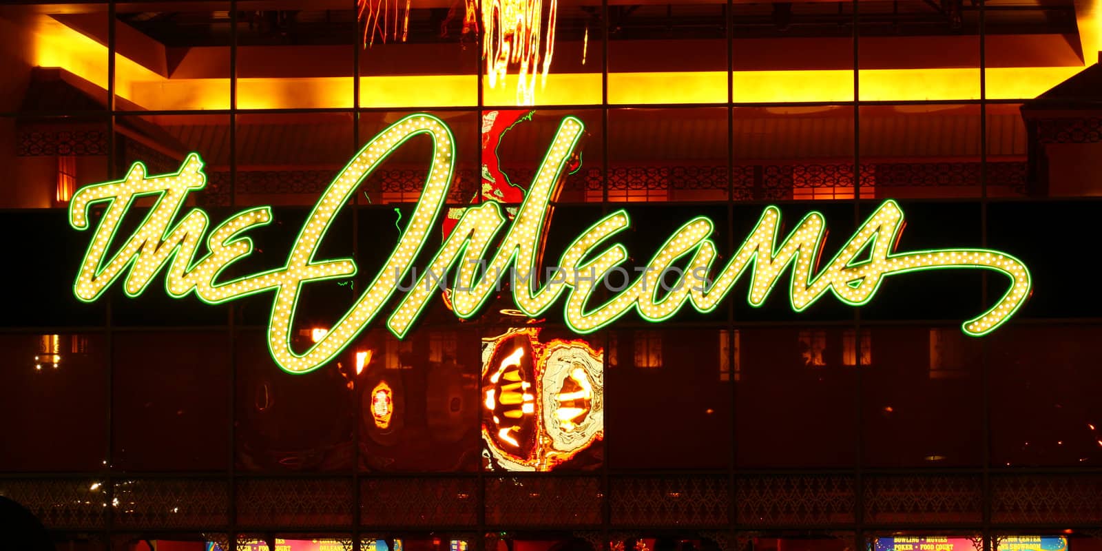 Las Vegas, USA - November 30, 2011: The lights of The Orleans Hotel and Casino Sign above the main entrance showcase the Mardi Gras theme of the property.  The Orleans was opened in Las Vegas, Nevada in the year 1996.