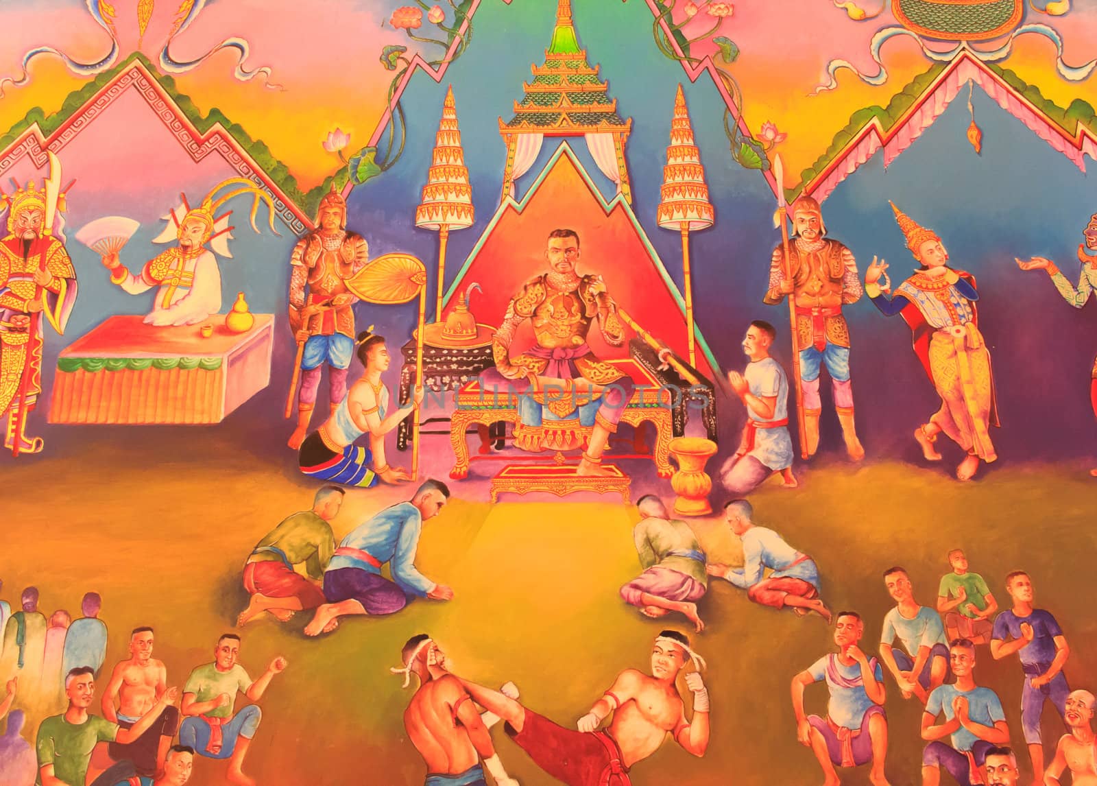 Traditional Thai painting art about  buddhism story on temple wall, Thailand