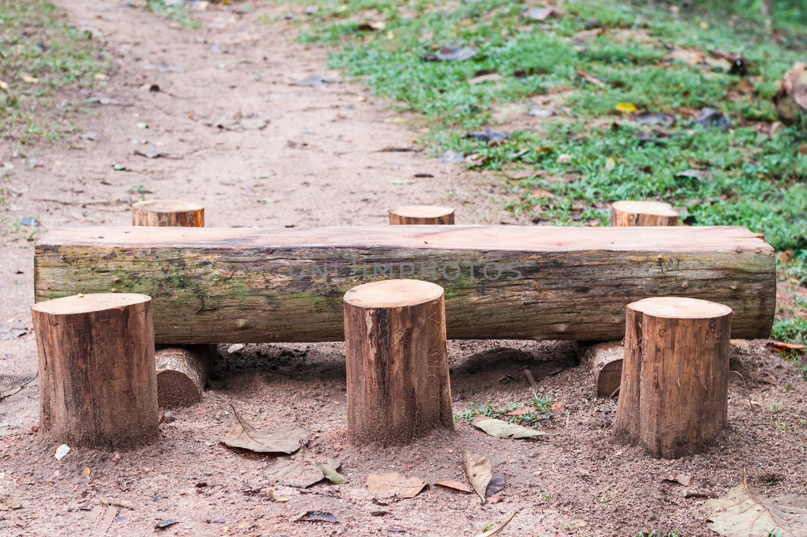 Wooden bench and table made of tree trunks stumps