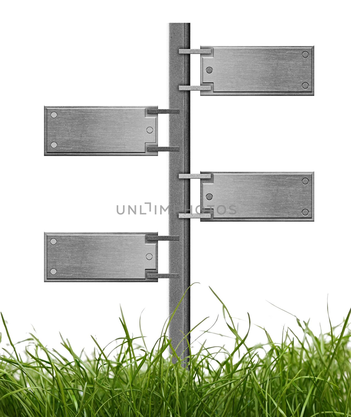 blank metal signpost with green grass over white background