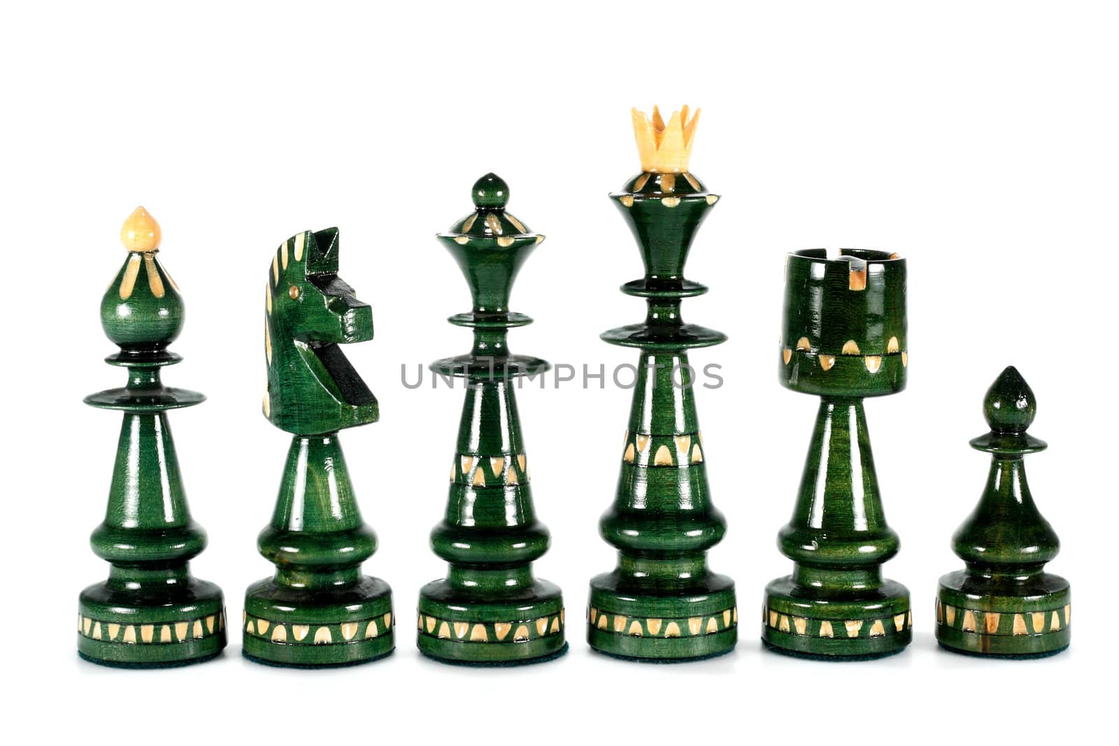 chess pieces queen bishop knight rook and pawn isolated on white