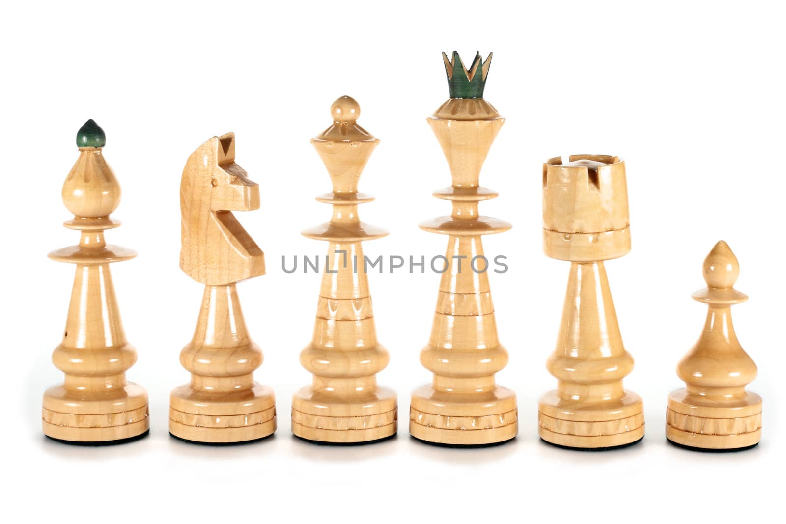 chess pieces queen bishop knight rook and pawn isolated on white