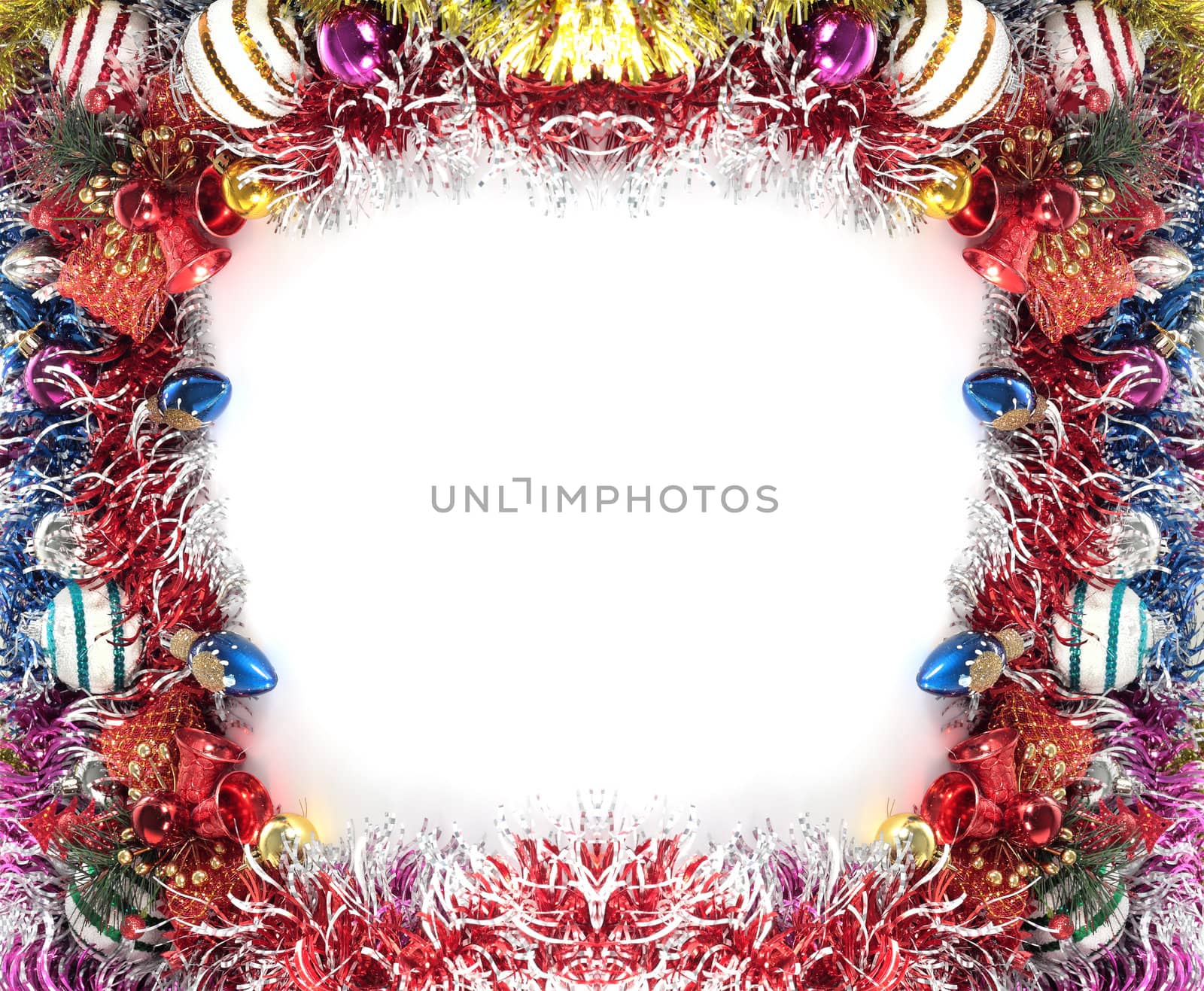 frame made with christmas decoration ornaments isolated on white