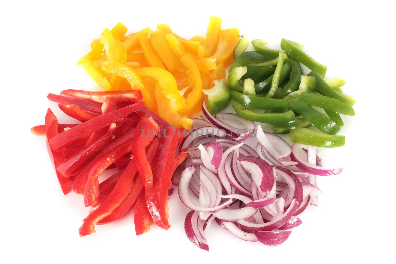 colored peppers and chopped onion isolated on white