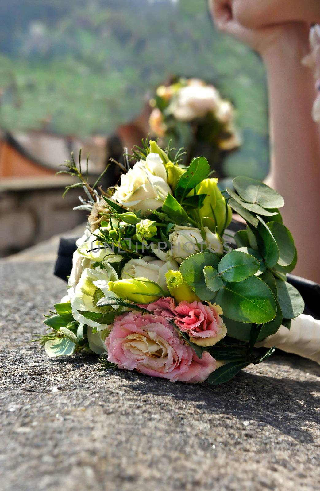 Beautiful wedding bouquet of white and pink roses 
