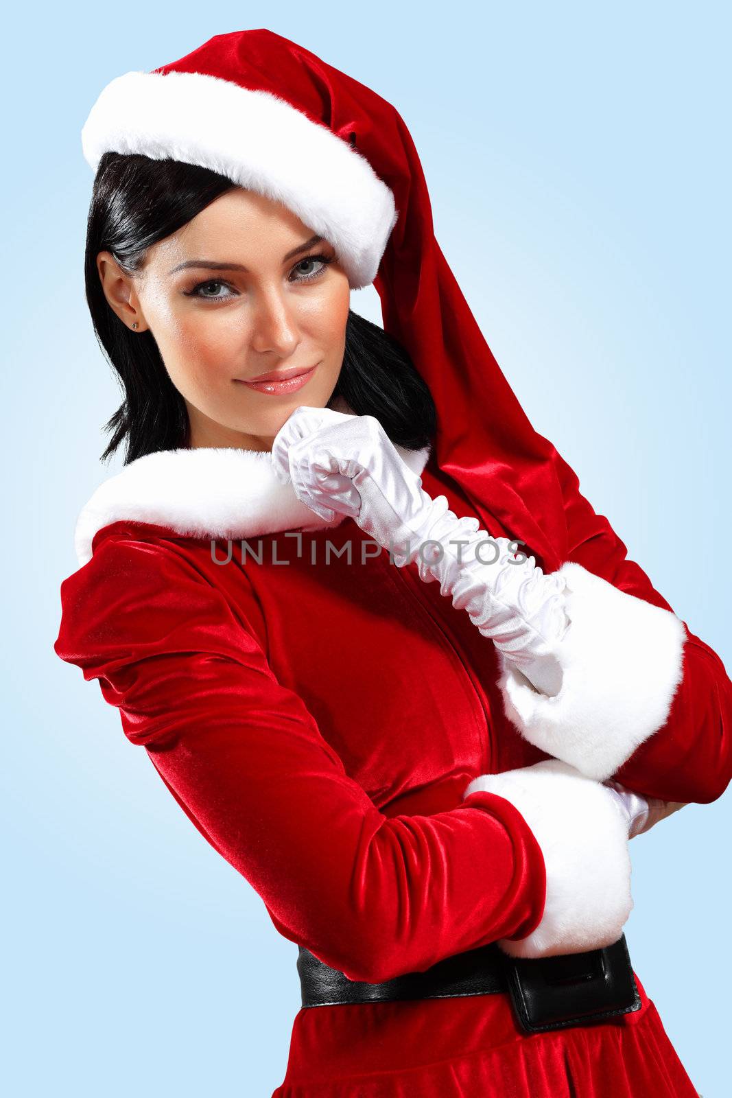 Santa Girl presenting your product, in costume and white gloves