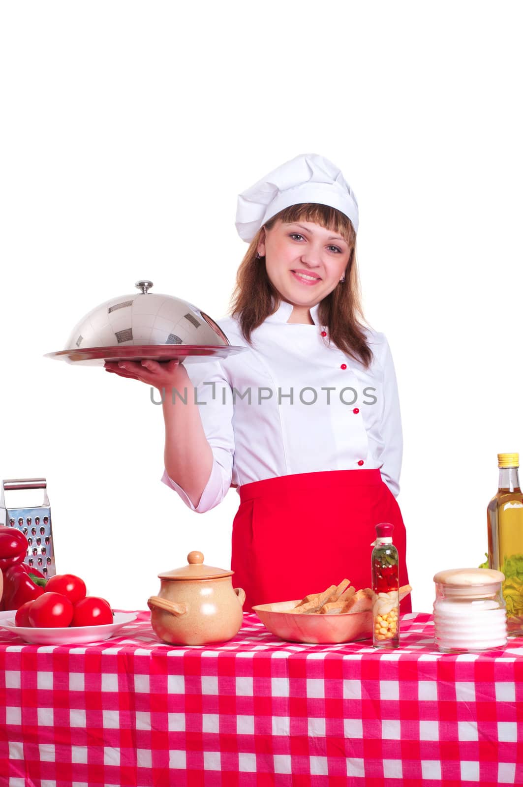 attractive woman holds a large platter with food, white background