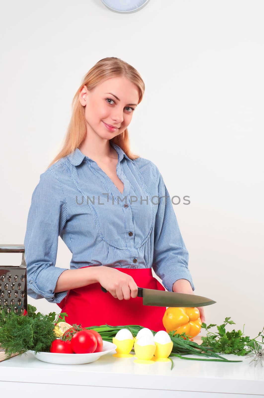 portrait beautiful woman cooking vegetables, healthy lifestyle