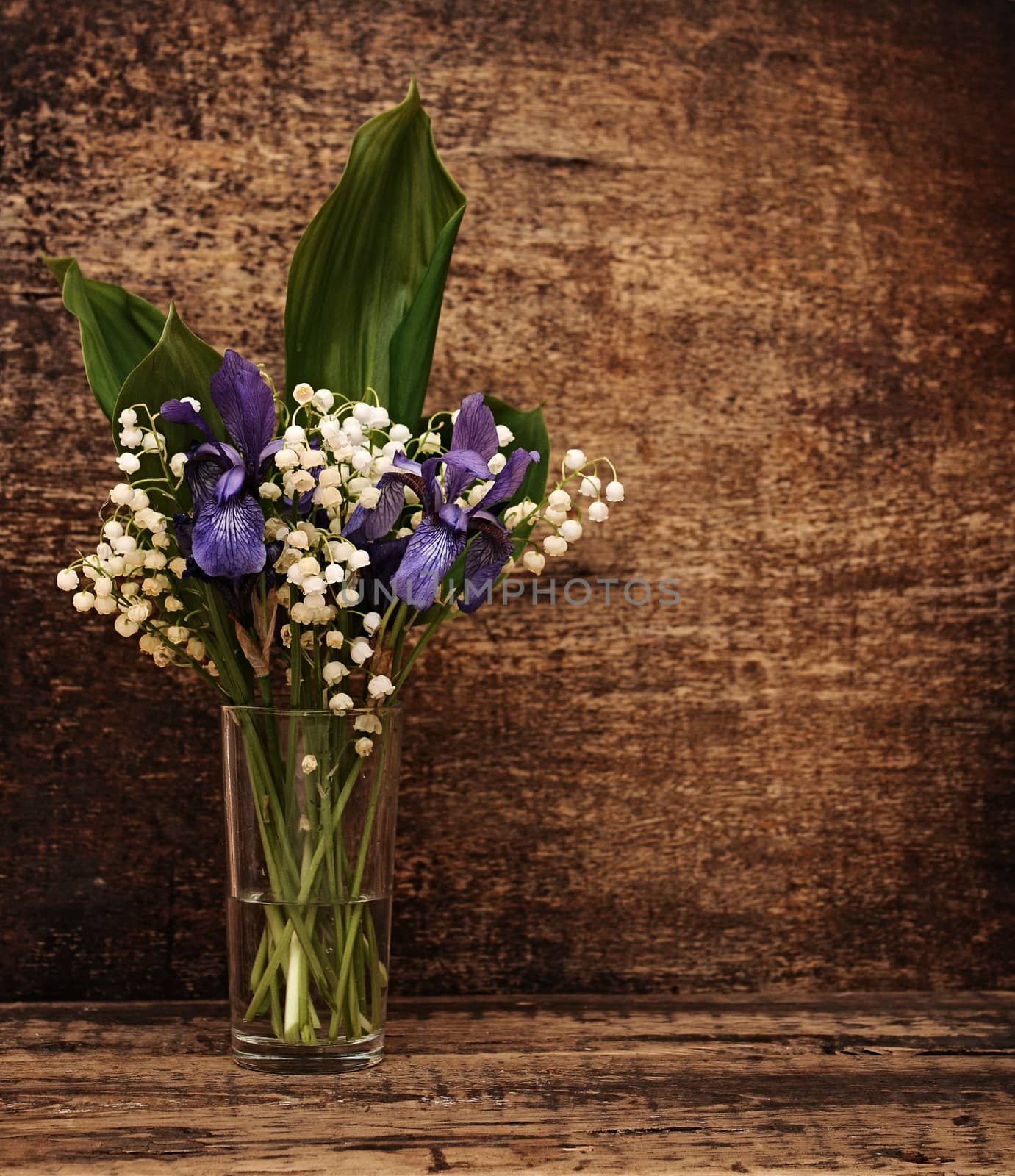 Still-life bouquet of lily of the valley  with blue irises 