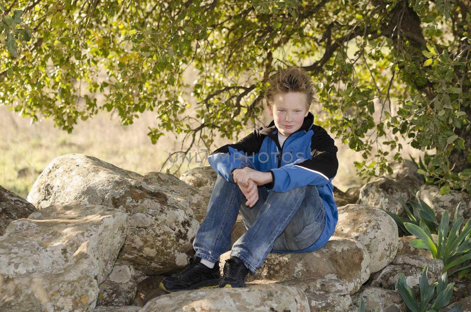 Boy sitting in nature on a rock under a tree