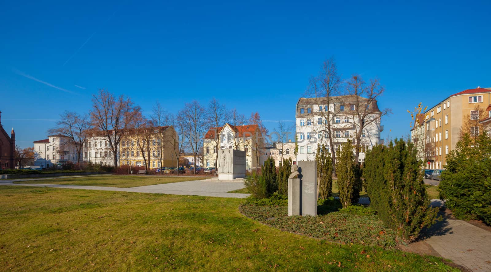 Ottomar Geschke Square with blue sky, Fuerstenwalde, Brandenburg, Germany