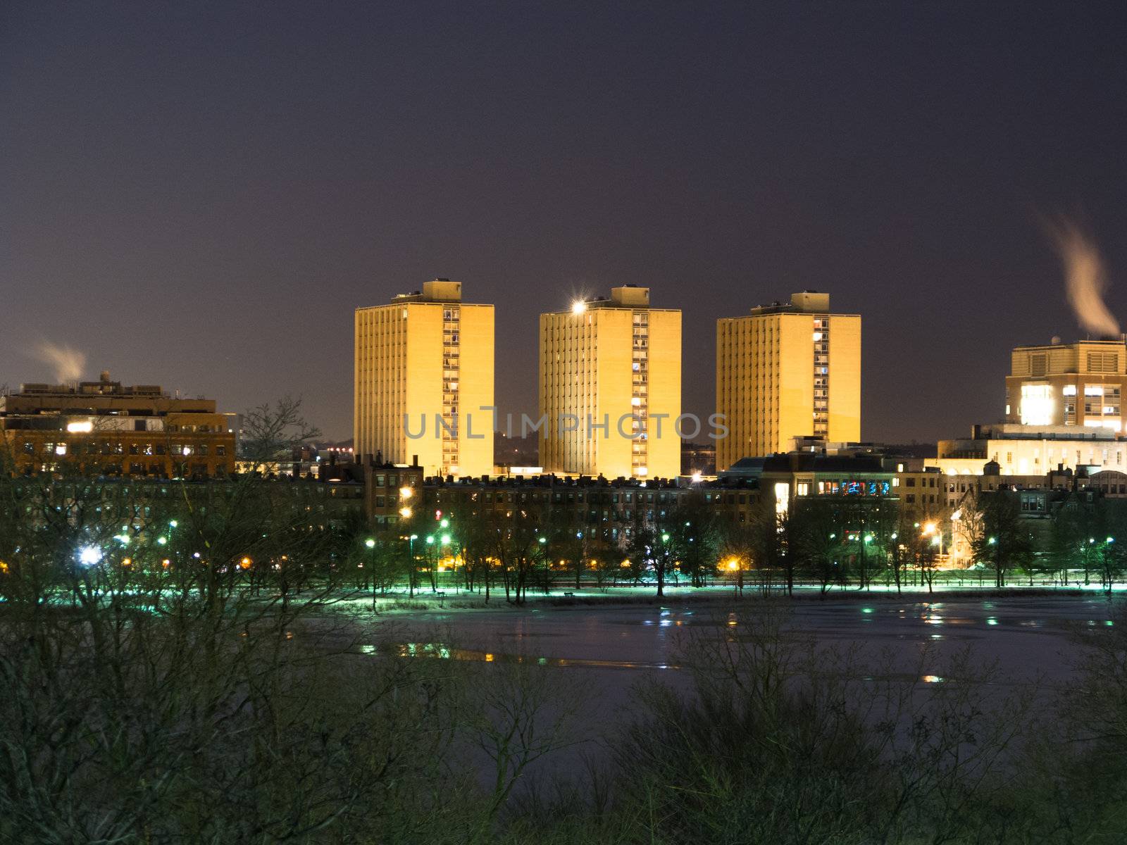 Boston University's Warren Towers dormitory at dusk
