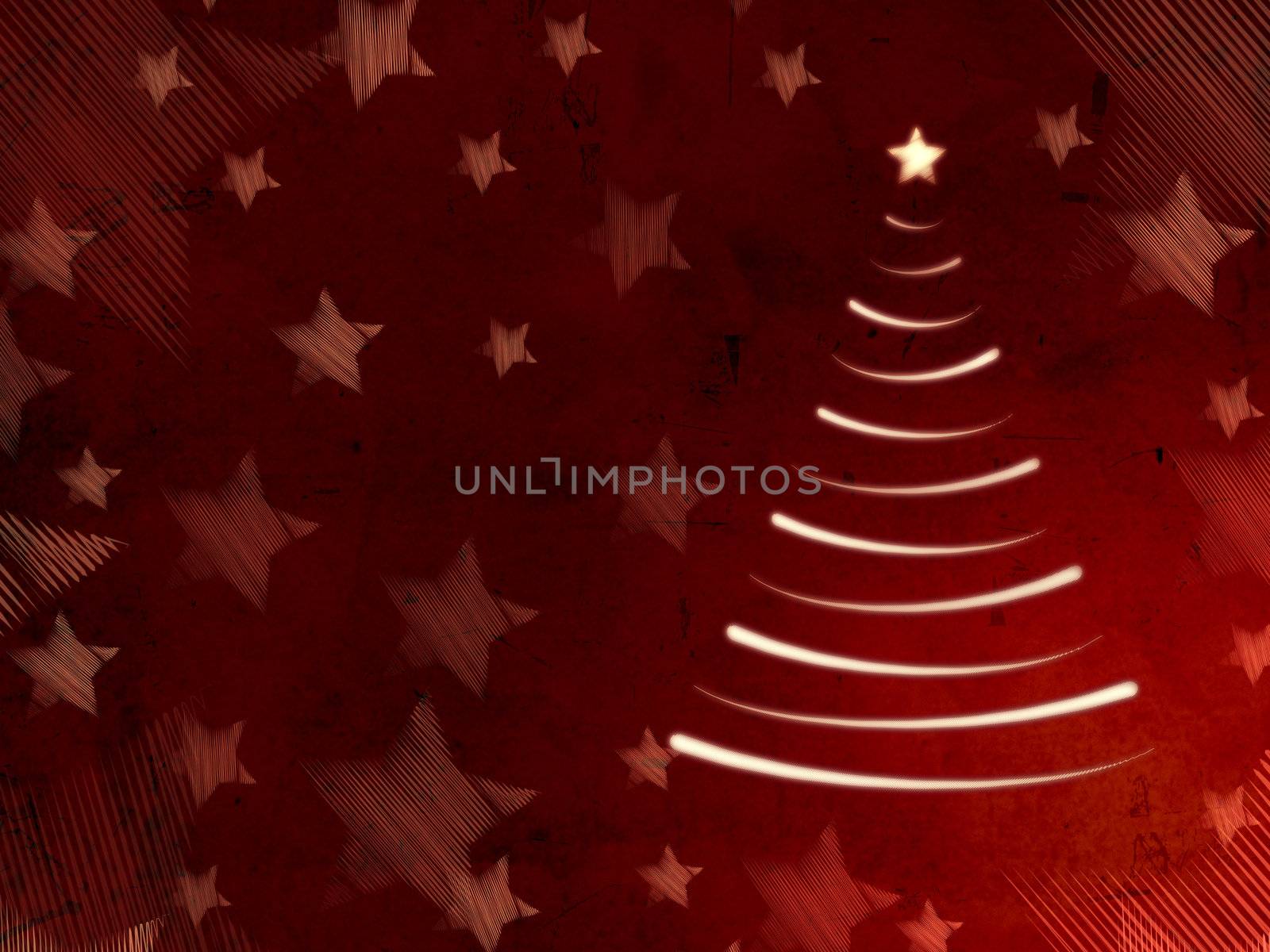 abstract red background with illustrated christmas tree and stars, retro style card