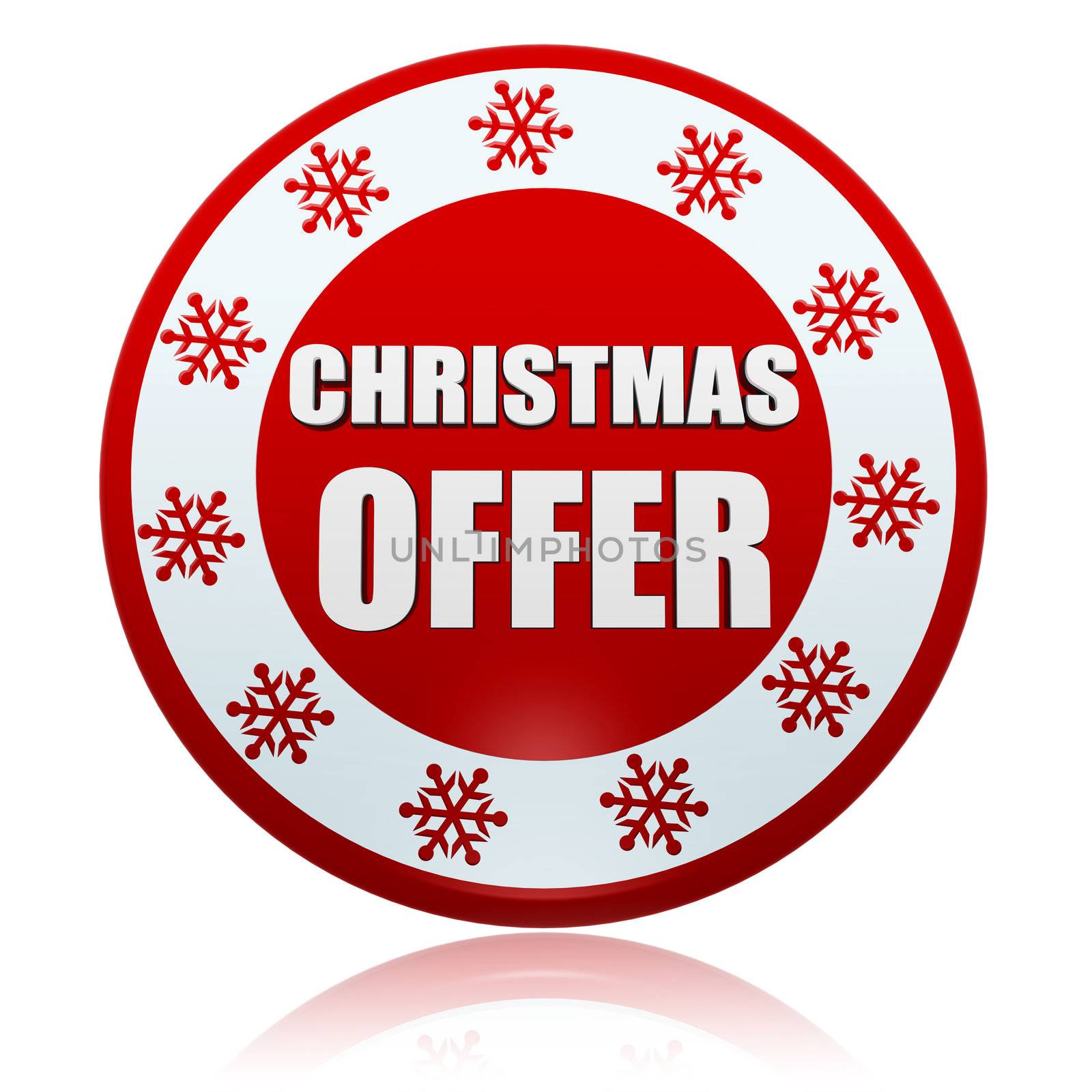 christmas offer 3d red circle banner with white text and snowflakes symbol, business concept