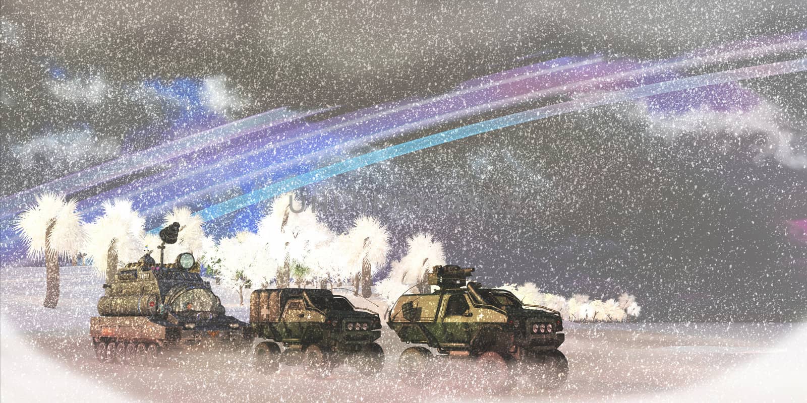A military convoy crosses a frozen lake on an alien planet in a severe winter storm.