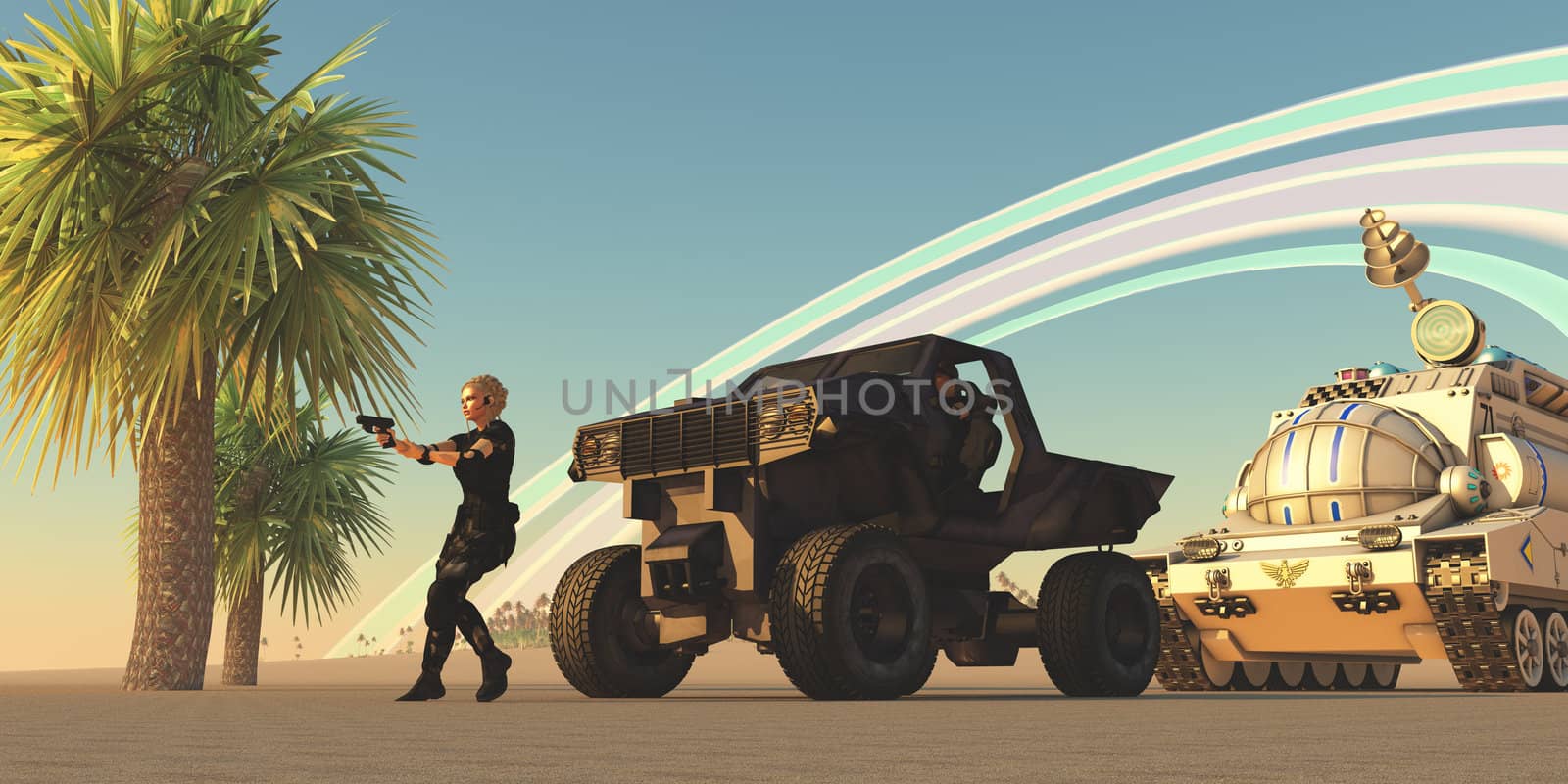 A female soldier draws her gun at an alien presence on a distant planet with rings orbiting in the sky.