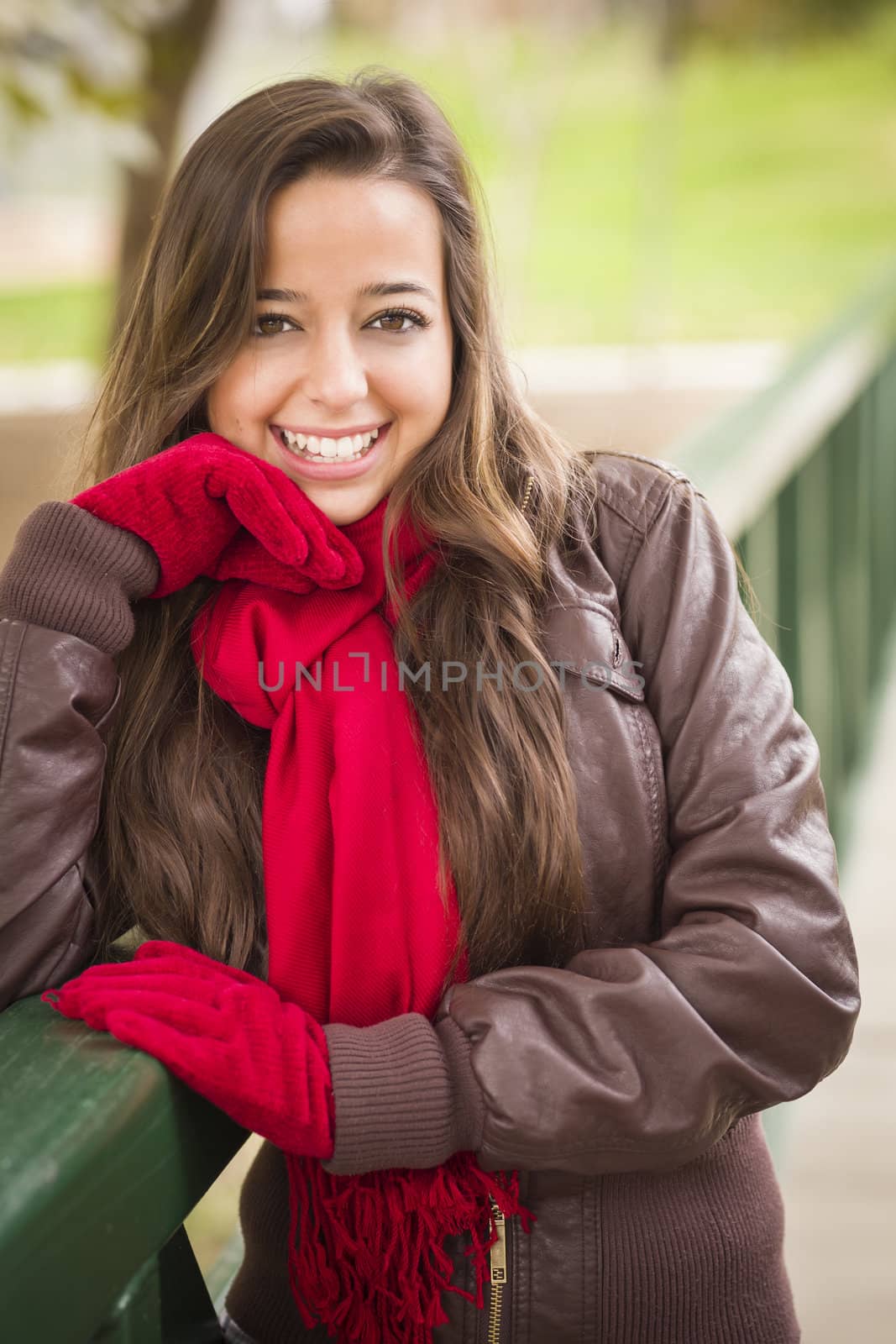 Pretty Woman Portrait Wearing Red Scarf and Mittens Outside by Feverpitched