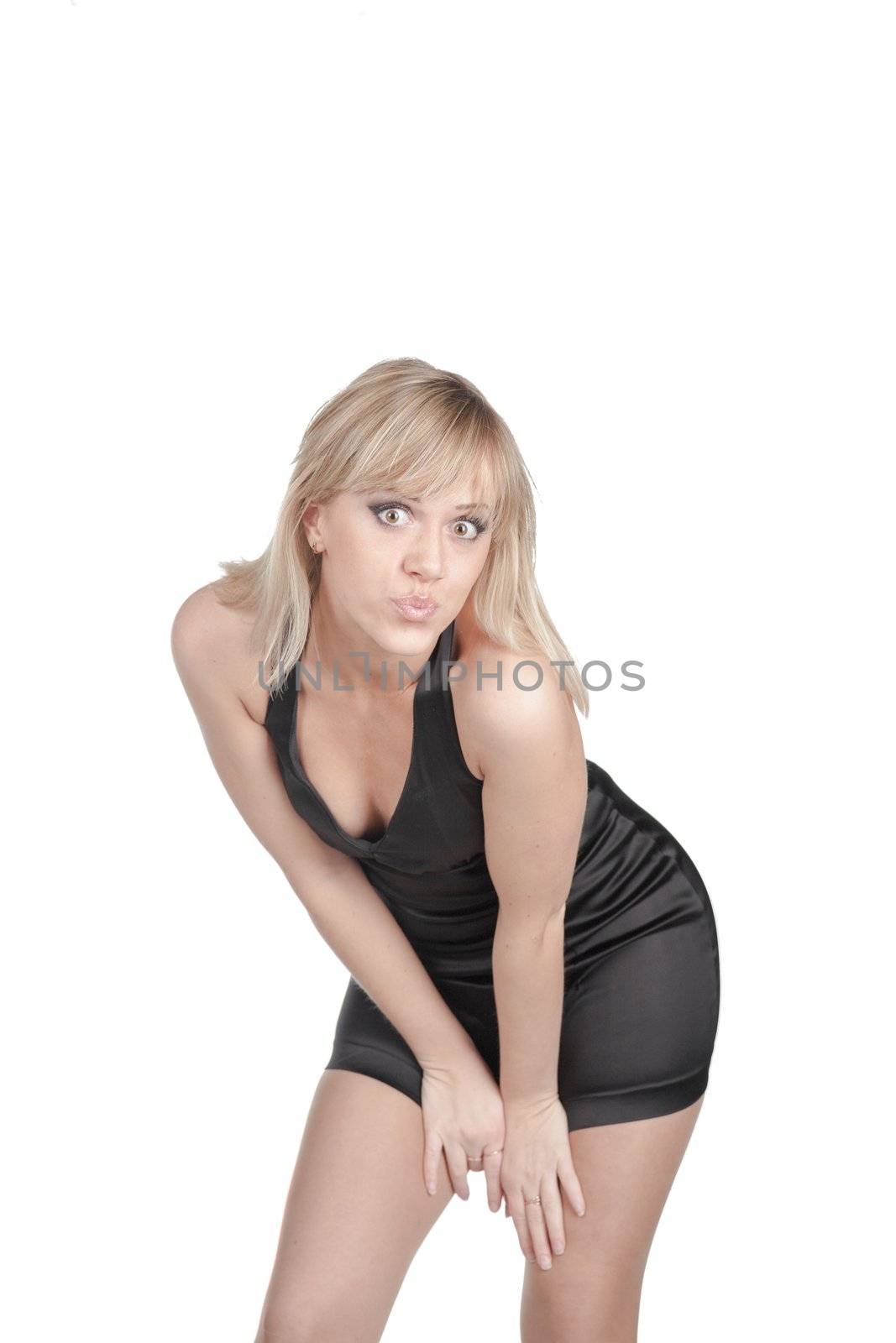 Sexy blond lady in black dress isolated on white