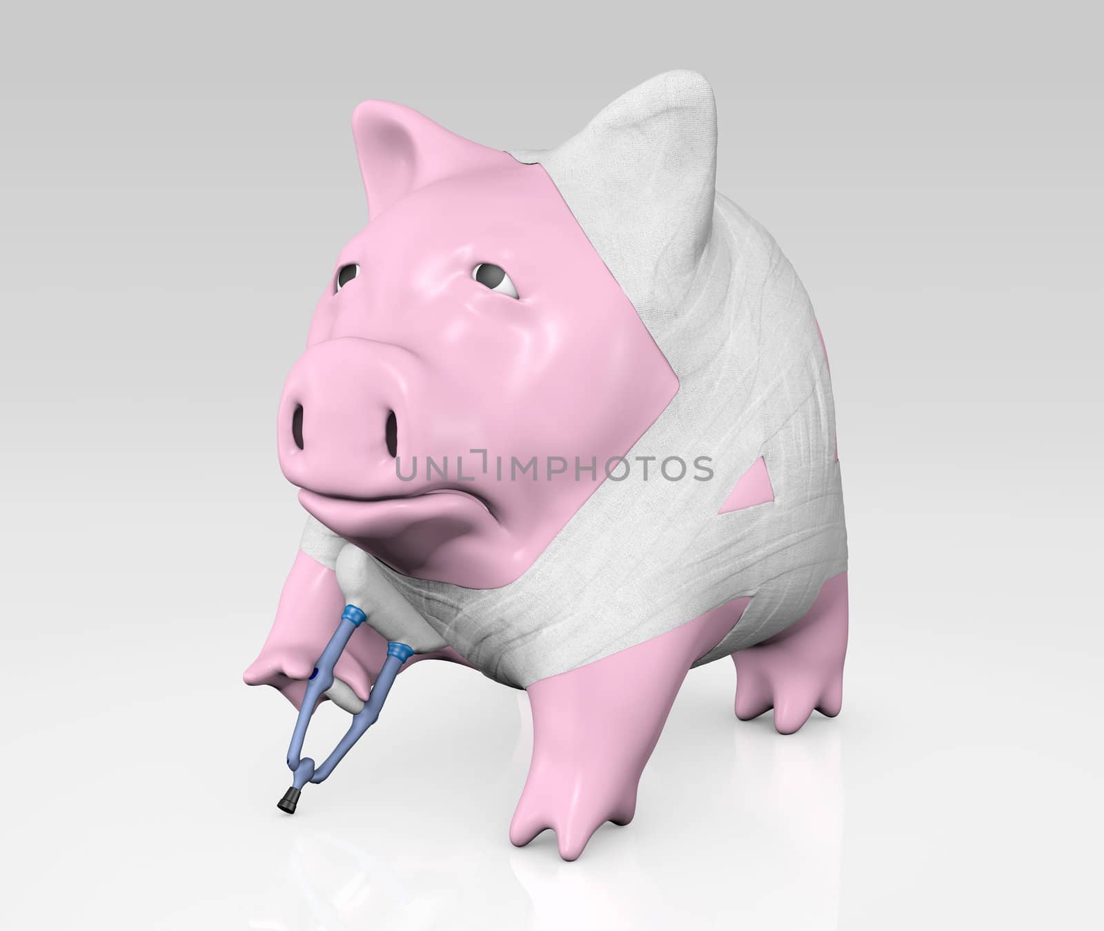 a pink piggy bank is sad because he is covered by bandages and he is forced to use a crutch after a breaking