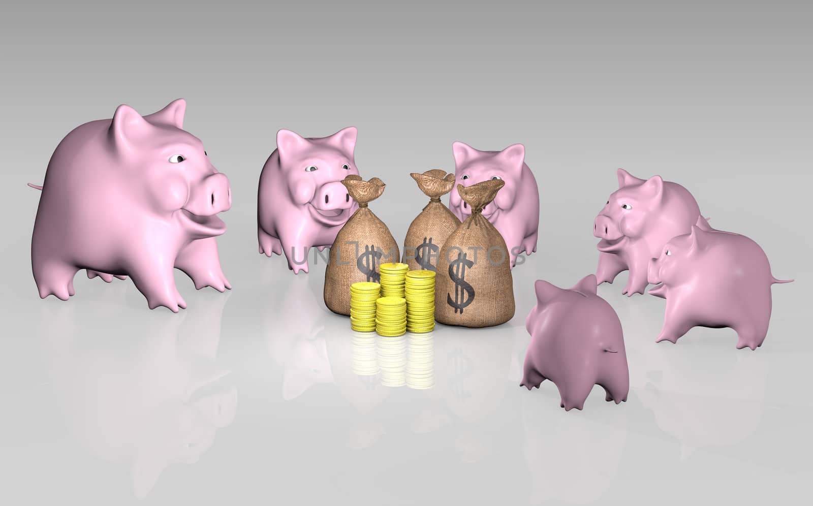 a group of six piggies with different size are placed in a circle and is watching a lot of money in the centre of them
