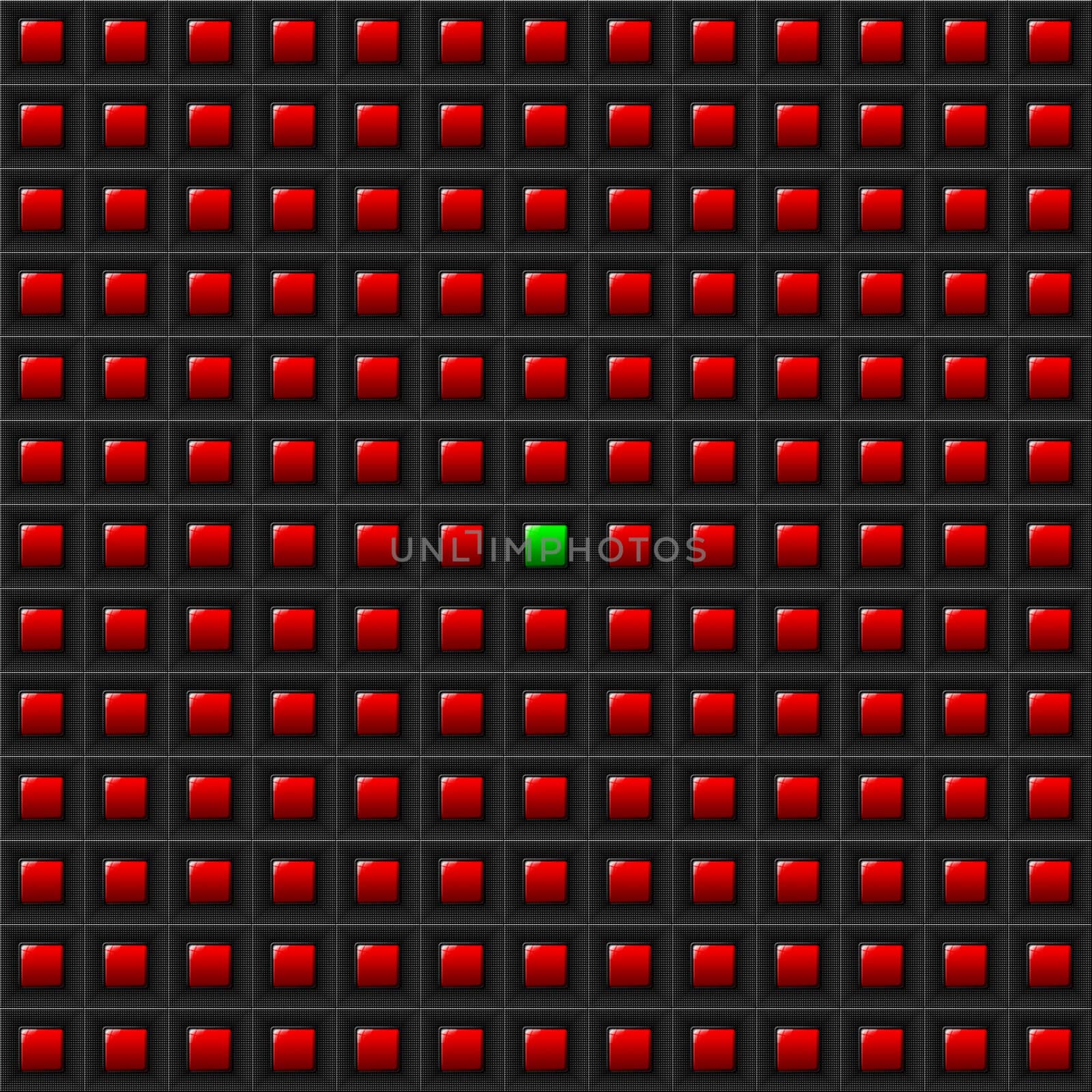 Black Abstract background with red squares, only one green